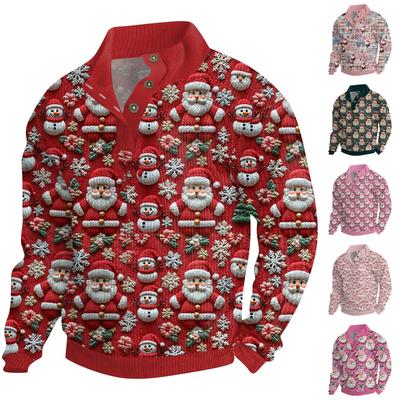 Men's Christmas Cotton Pullover Long Sleeve Outdoor Shirt Vintage Corduroy Button Stand Collar Shirt Casual Sweatshirt Christmas Print Top