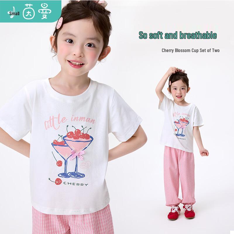 Girls  Cherry Print Plaid Short Sleeve Set 90