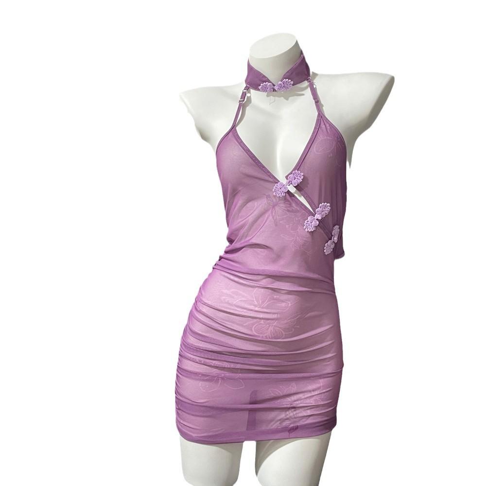 Sex Underwear Pure Desire Purple Cheongsam Sexy Pajamas Women's Antique Butterfly Love Flower Perspective Strap Uniform Free