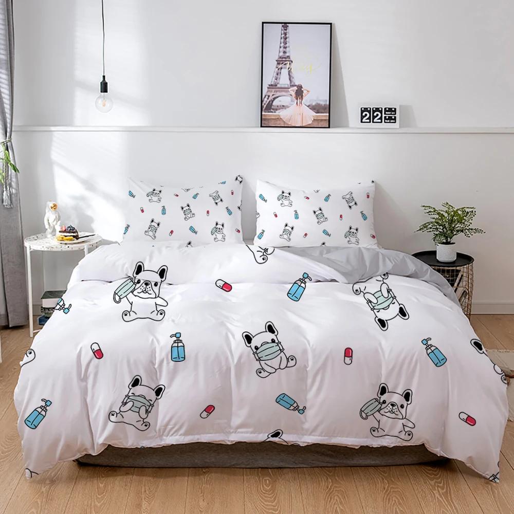 3D Hund Sengetøy Sett Søt Fransk Bulldog Valp Dynetrekk Sett Tegneserie Sengeoverkast Kjæledyr Dyr Hjemmetekstiler Queen 2/3 stk King Full