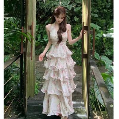 French Holiday Style Floral Halter Neck Dress Women's Summer New Design Waist Ruffle Cake Skirt