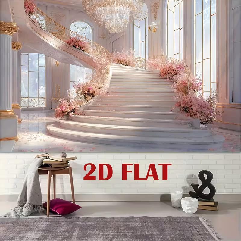 2D Fairytale Pink Staircase Backdrop 2D Flat Print Grand Palace Hall Background for Wedding Events