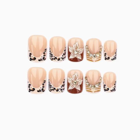 24Pcs Leopard Print French Press On Nails, Short Square Fake Nails with 3D Flower & Rhinestones