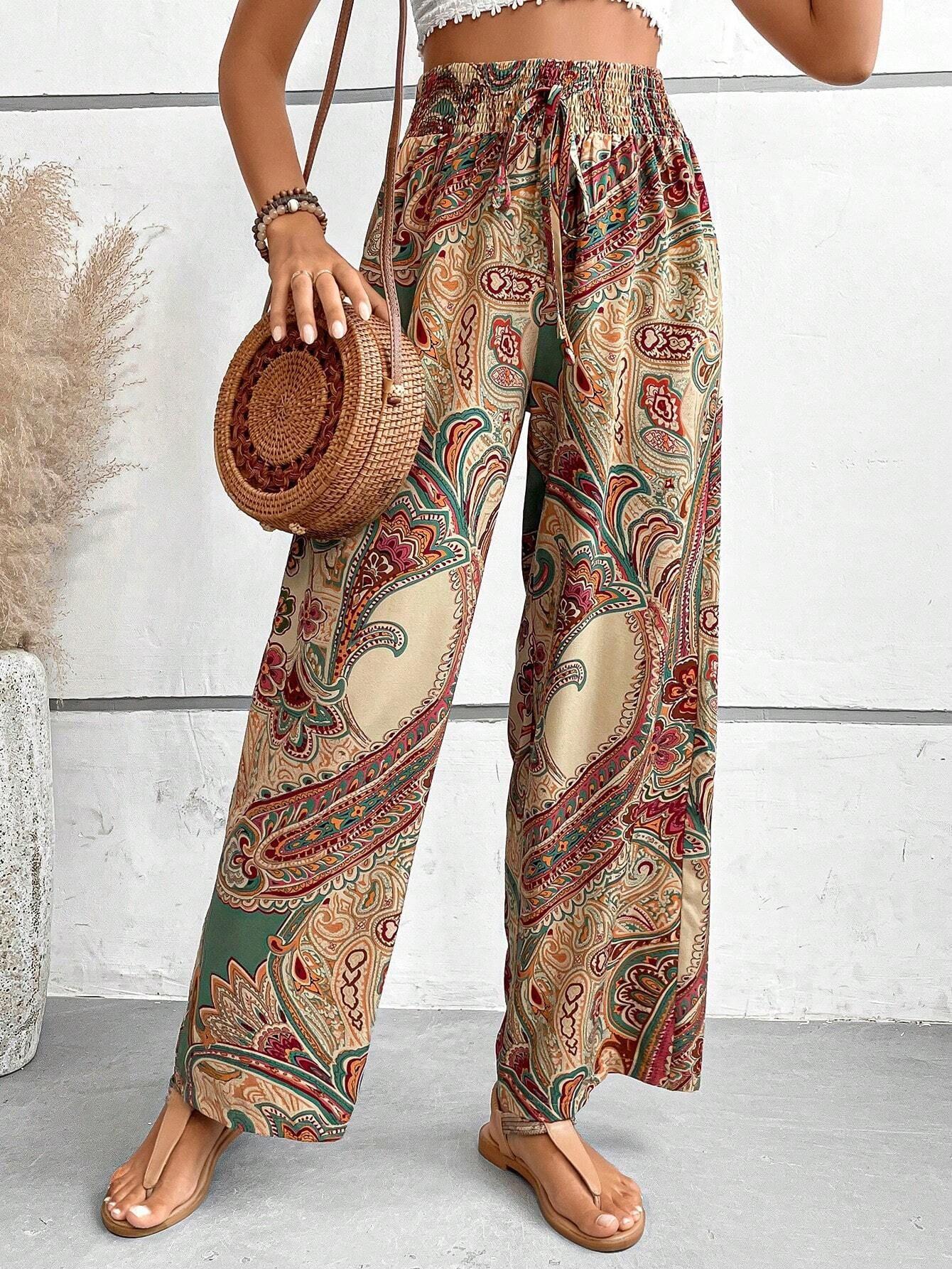 Womens Floral Print High Waist Wide Leg Pants Casual Boho Palazzo Trousers S