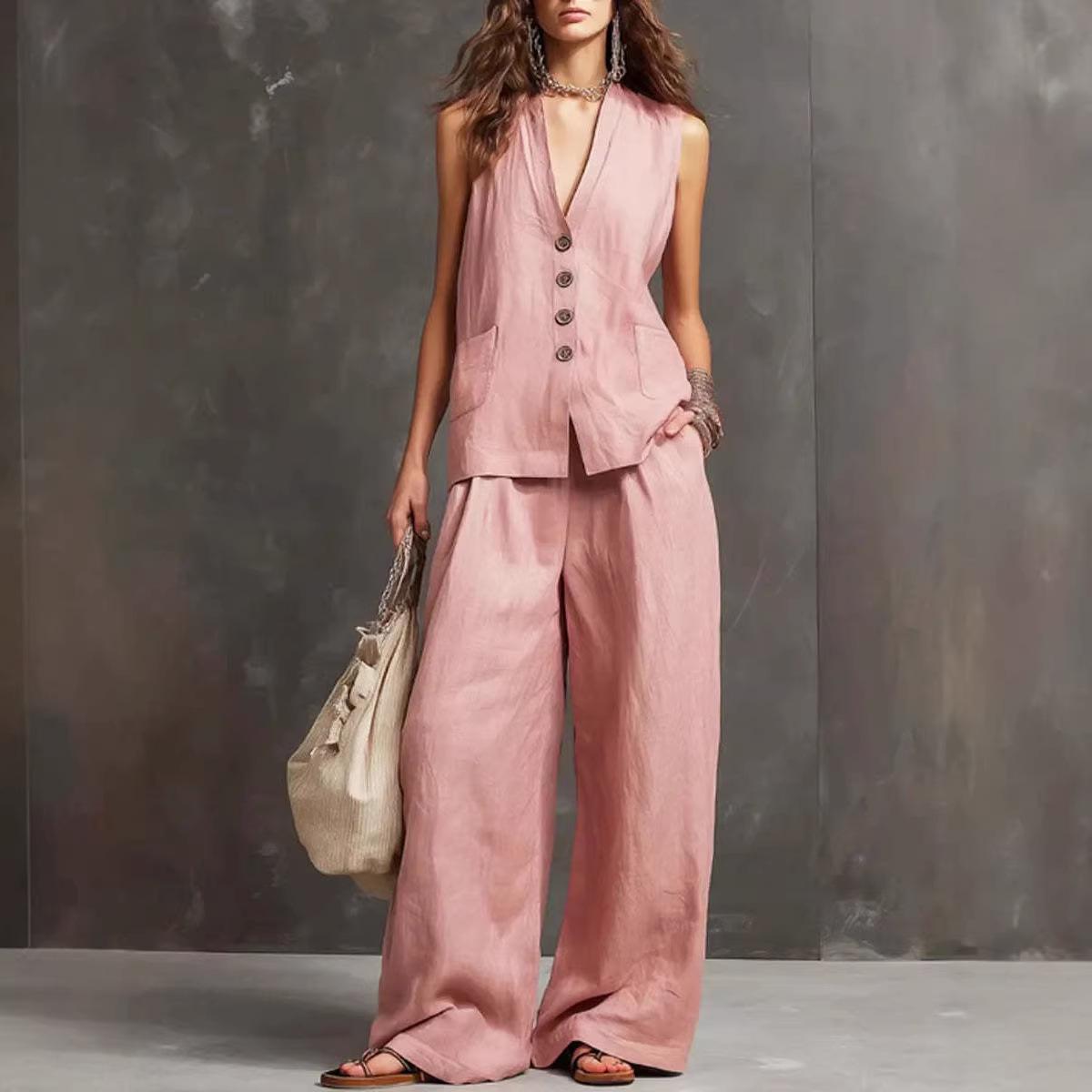 2026 European and American Women s Sleeveless Vest & Wide-leg Pants Cotton-Linen Two-piece Set XL