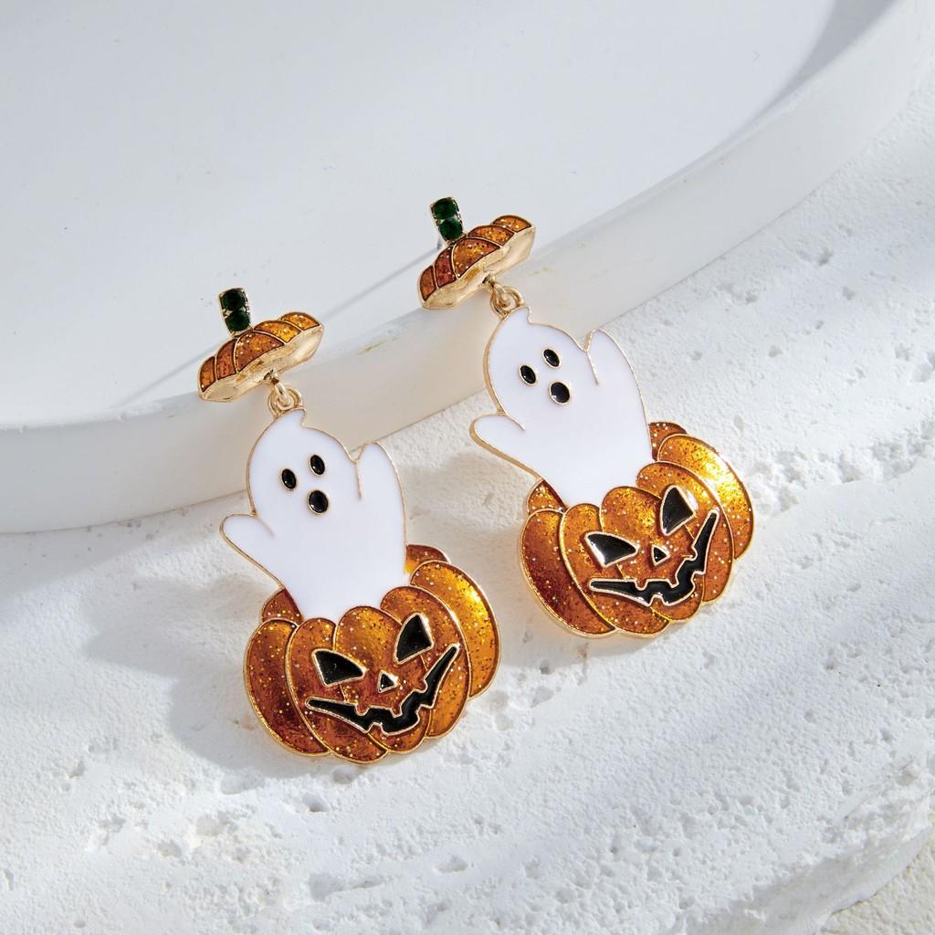 Chic Ghostly Pumpkin Earrings With Intricate Rhinestone Detailing Ideal For Fashionistas Halloween