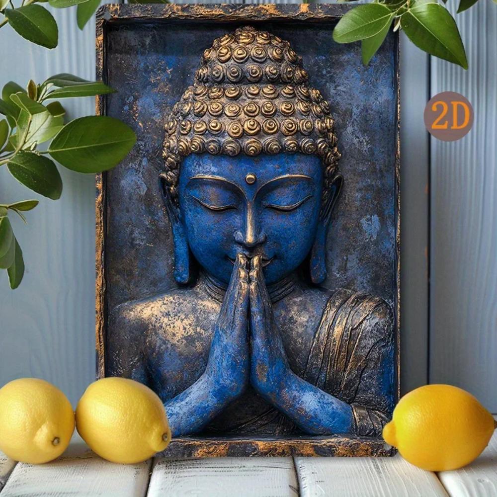 Vintage Aluminum Blue Buddha Sign - Praying Hands Statue Design, 8x12inch, Ideal Yacht & Living Room Decor