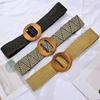 Women's Belt Elastic Woven Wide Belt PP Grass Waist Seal Wood Round Buckle Belt Fashion Ethnic Style Paired with Coat Skirt Belt