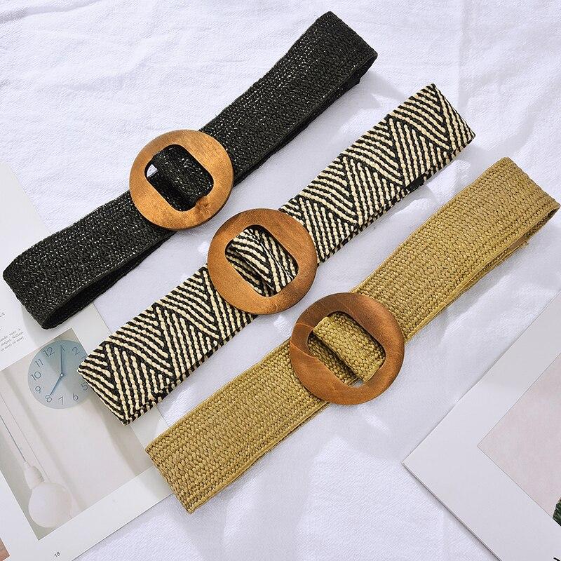 Women's Belt Elastic Woven Wide Belt PP Grass Waist Seal Wood Round Buckle Belt Fashion Ethnic Style Paired with Coat Skirt Belt