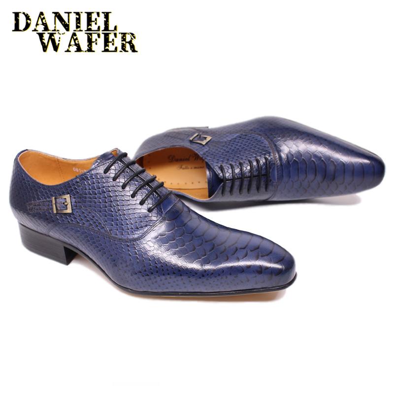 Fashion Luxury Men Leather Shoes Snake Skin Print Business Dress Formal Classic Style Burgundy Blue Pointed Toe Lace Up Oxford Shoes Men
