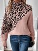 Leopard Print High Neck Pullover Sweater - Long Sleeve, Loose Fit, Casual Autumn/Winter Knitwear.