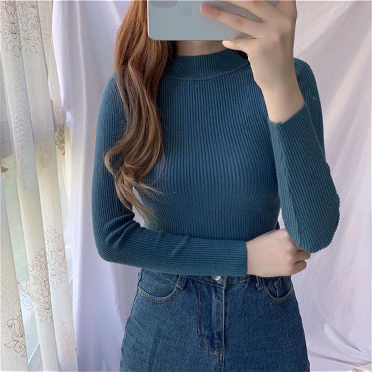 Pulover femei ia în interiorul subțire toamnă iarnă culoare uni punctul de bază jumătate guler înalt fund tricot pulover femeie