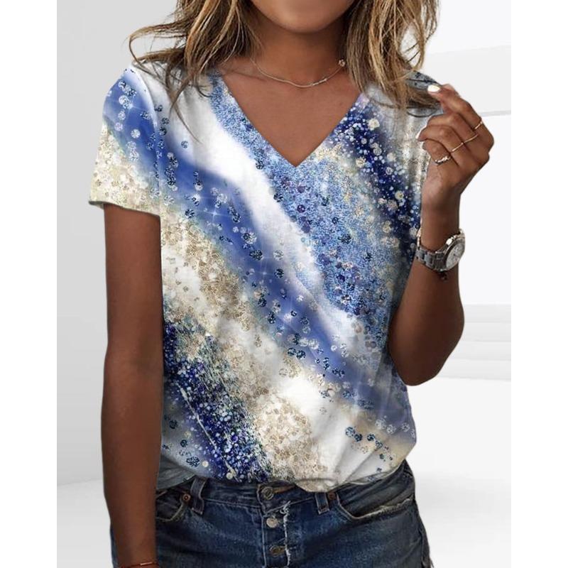 Summer Casual V-Neck Rainbow Printed Short Sleeve Women's T-Shirt Top