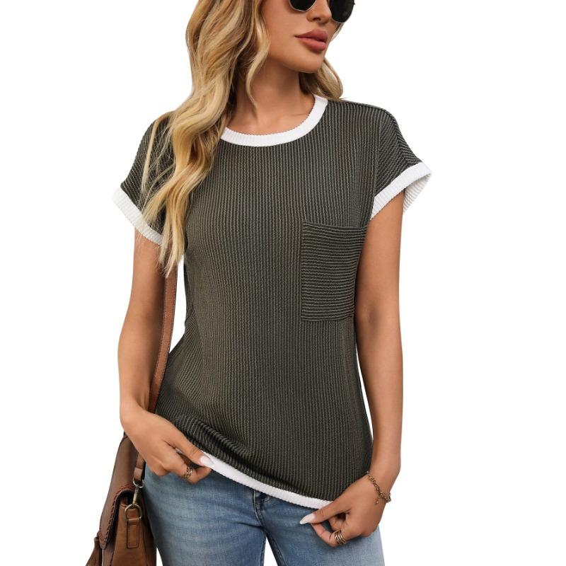 Women's Fashion 2026 Summer New Round Neck Knitted Twist Top Casual Color Block T-shirt