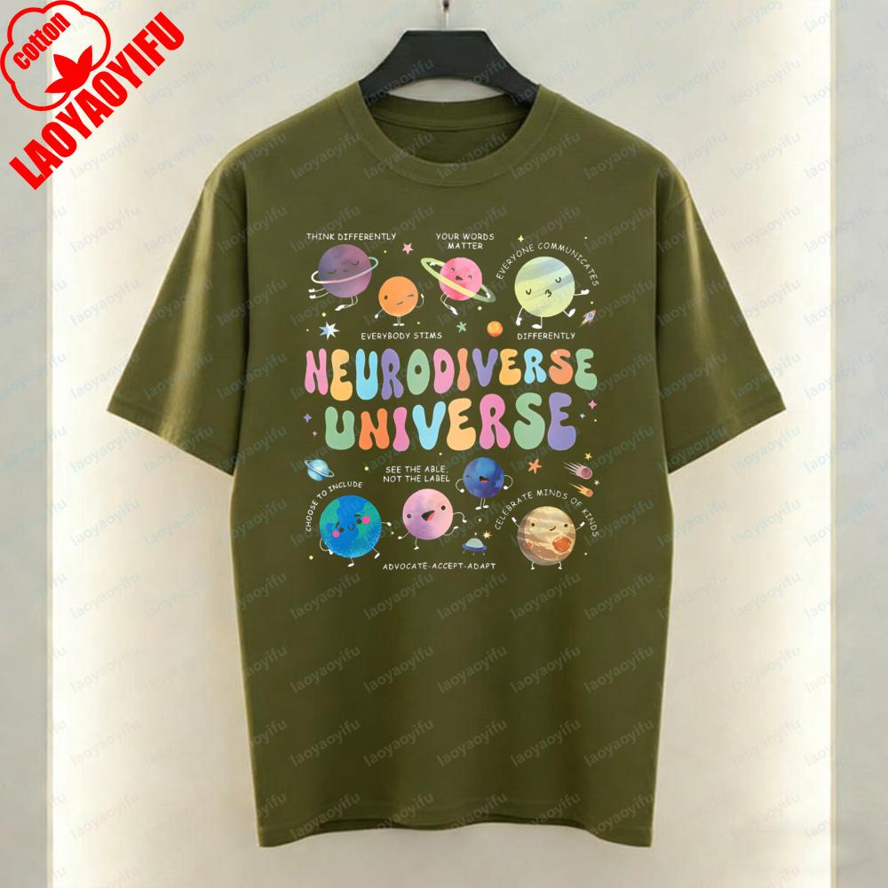 Autism Acceptance Women TShirt Neurodiverse Universe Print Tops Trendy Casual Cotton Tee Casual Style Kawaii Clothes Ropa Mujer