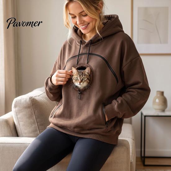 Warm Pet Pouch Clothing Women Hoodie with Head Hole, Oversized Hooded Sweatshirt Hole Zipper Pockets, Dog Cat Carrying Pullover Top for Fall
