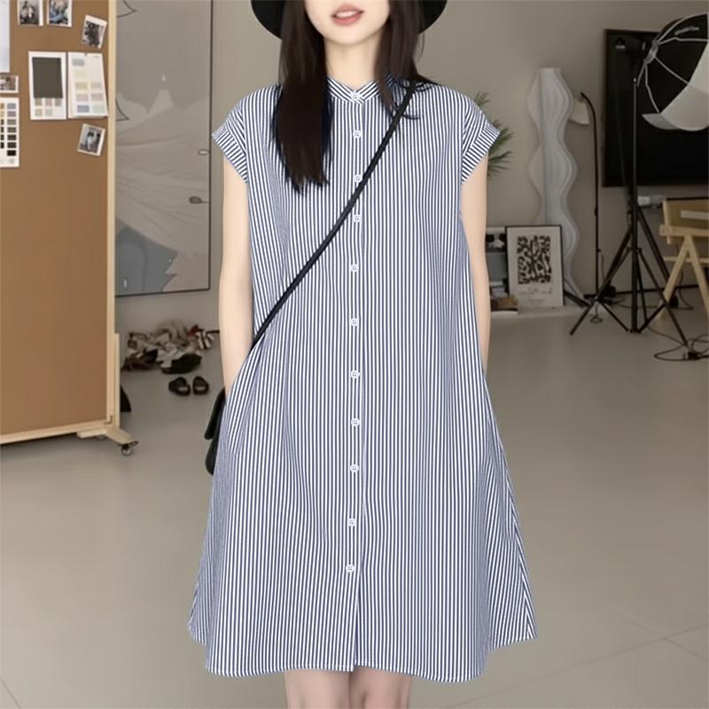 ZANZEA Women Casual Stand Collar Loose Short Sleeve Stripe Dress S тёмно-синий