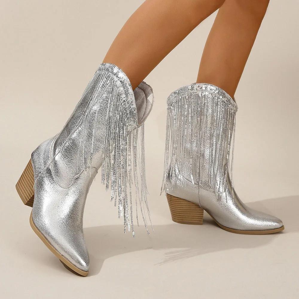 Women's Fringed Cowgirl Boots Concert Western Boot 2025 Spring Summer Vintage Cowboy Boots for Women Pointed Toe Mid-calf Boots