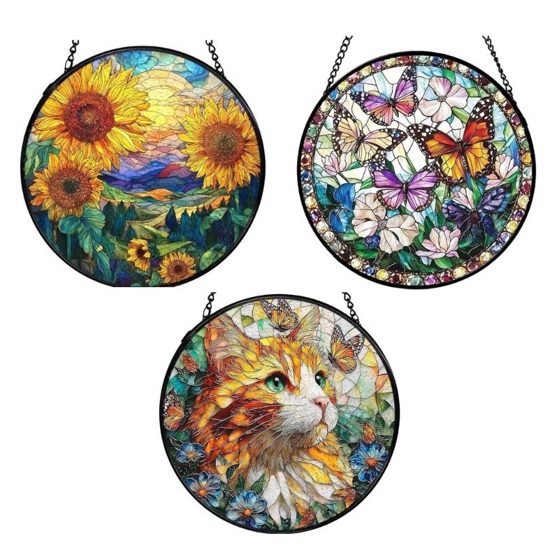 Stained Glass Sun Catcher Window Decors Window Display Glass Hanging Panel with Black Metal Frame, Stained Glass Accent with Chain for Home Accent Use