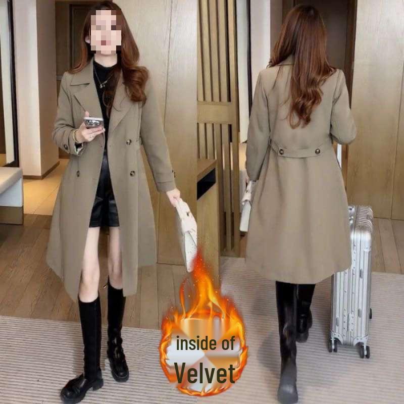 

Women s 2026 Autumn/Winter Velvet Thickened Slimming Windbreaker Coat - Stylish Petite Mid-Length Jacket M світлого кольору хакі