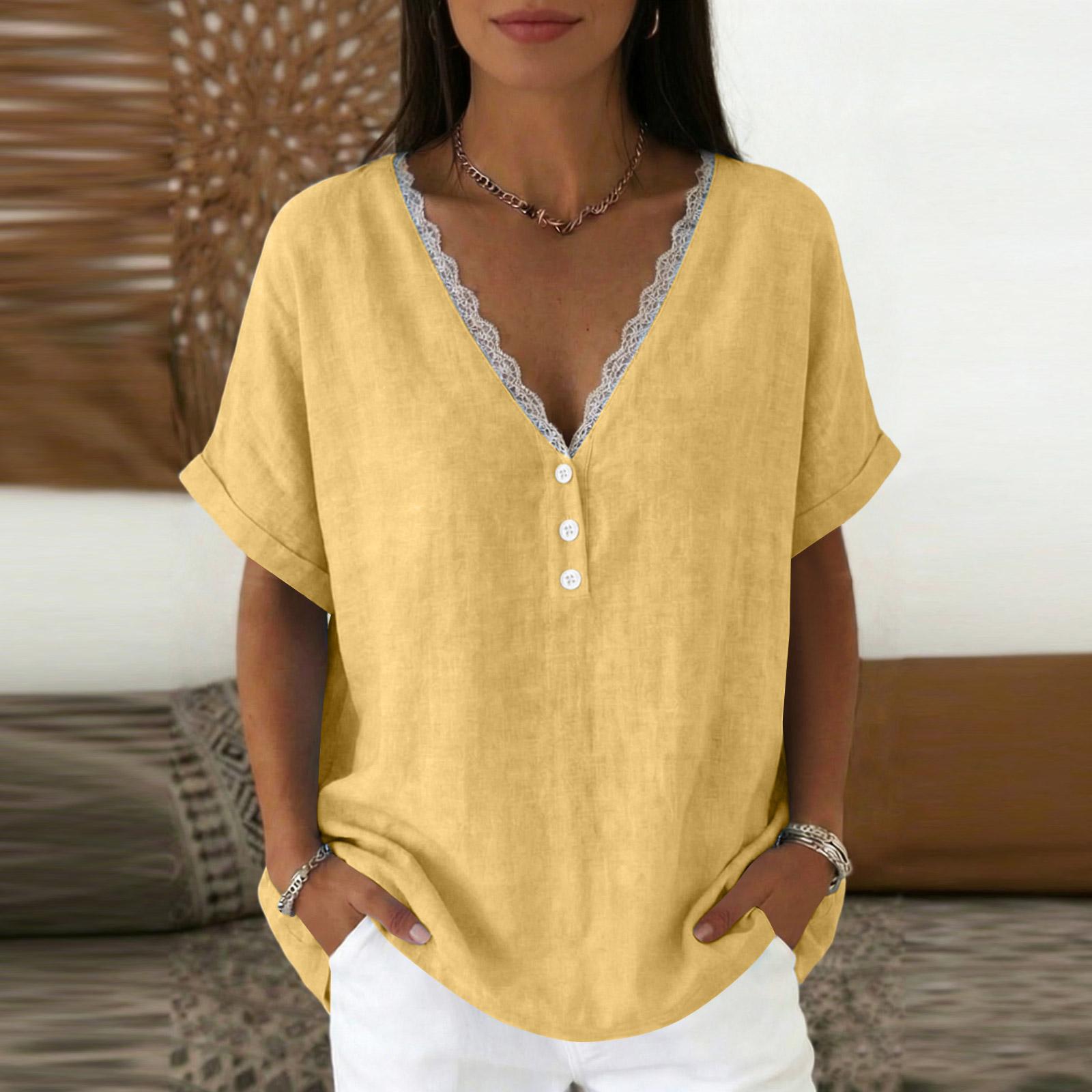 

Ladies Fashionable Casual Lace Collar Short Sleeved Top L жёлтый