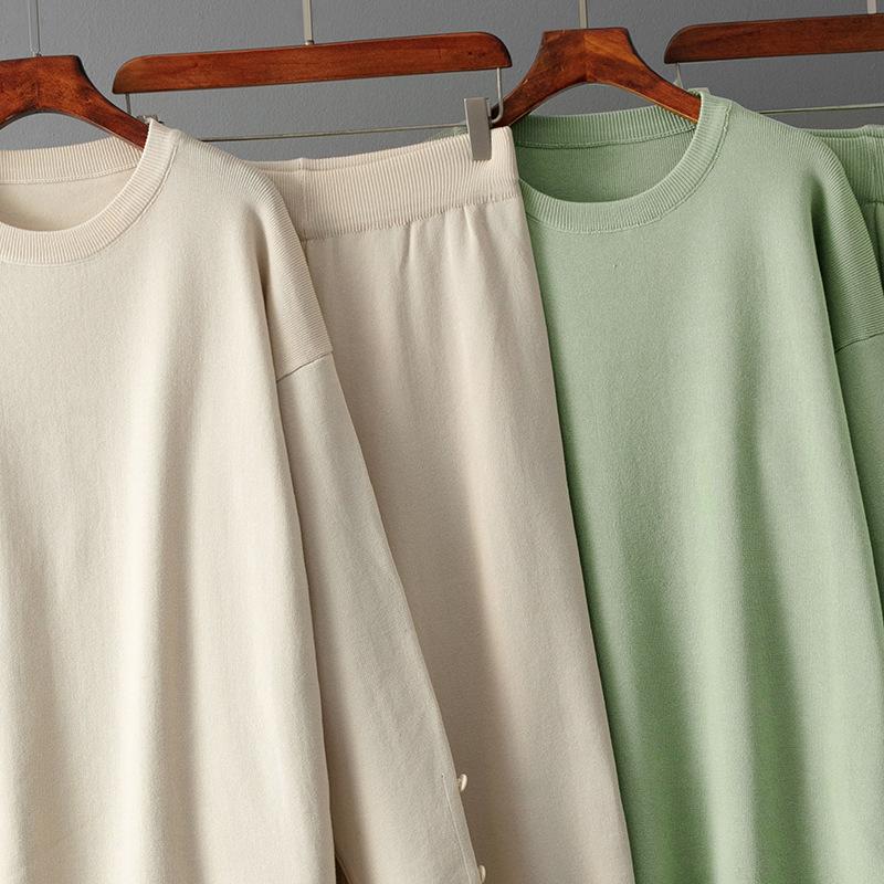 Solid Color Large Size Sweater Set Women's 2025 Autumn and Winter New Round Neck Loose Casual Two-piece Set