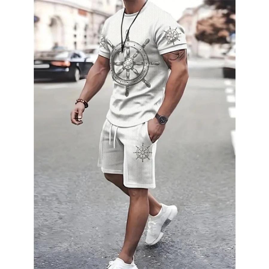 Summer Men's Sailor Short Sleeve Set Anchor Print Pattern Short Sleeve Shorts Set Men's Crew Neck T-Shirt and Drawstring Shorts