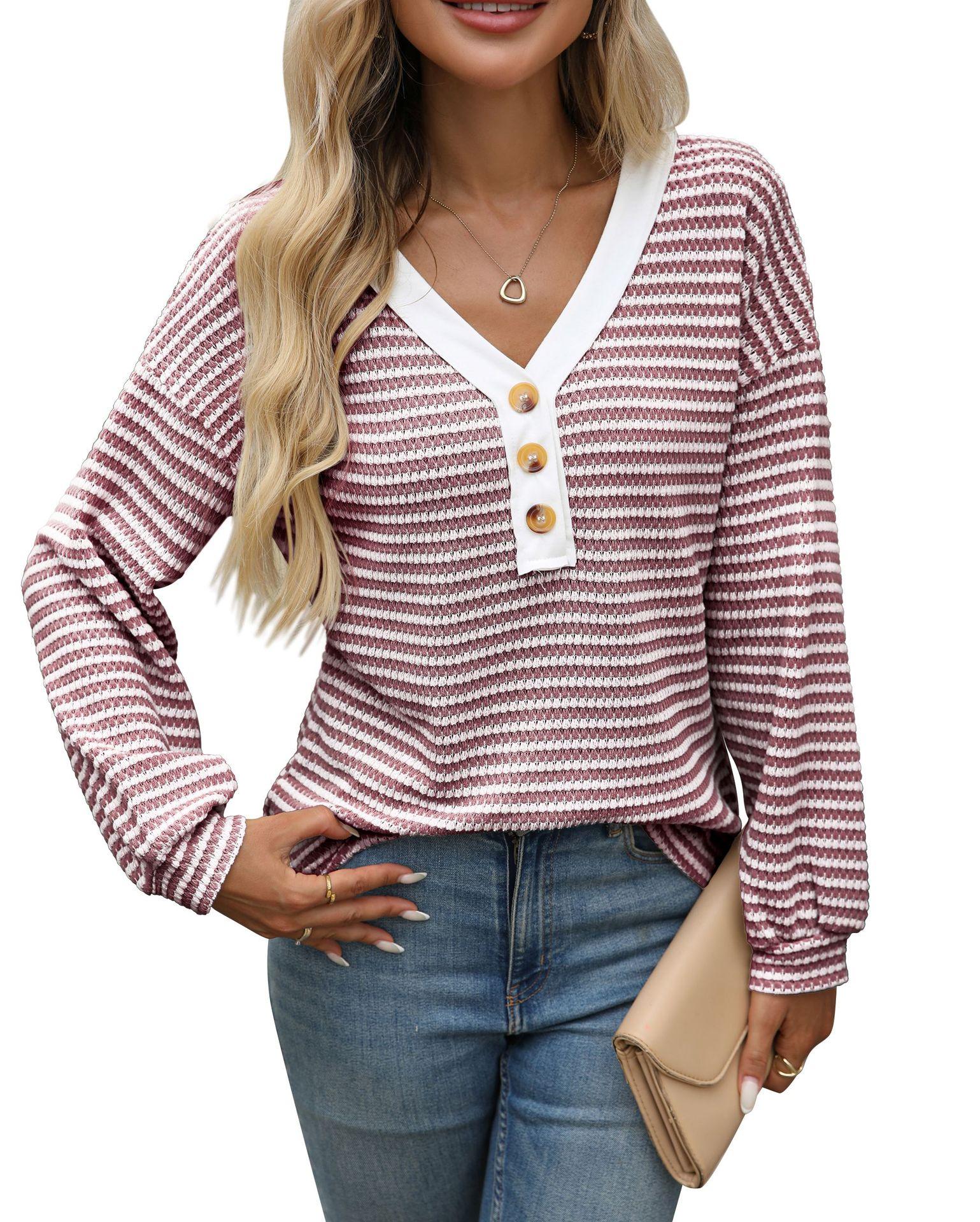V-Neck Striped Long Sleeve Top with Button Detail In Multiple Colors S бордовый