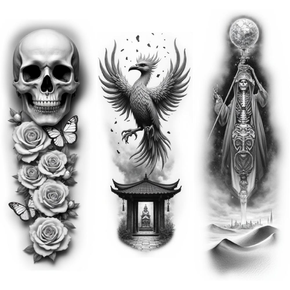 3pcs Temporary Tattoo Black And Grey Realism Skull Frame Butterflies For Women Adults Arms