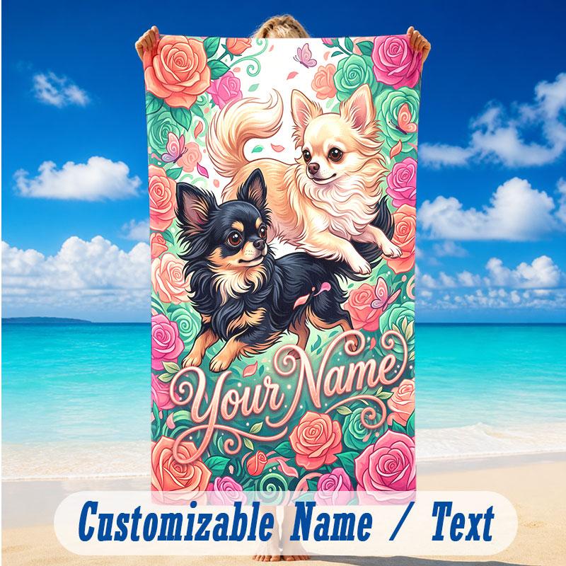 Dog Theme Beach Towel Personalized Custom Name & Text Soft Quick Dry Beach Towel for Swimming Travel