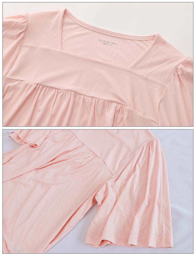 SUIMIN CARE Women's Rib Knit Pajamas, Short Sleeves, and Shorts, Summer, Pink and Green, Sizes S, M, L, and LL (LL, Pink)