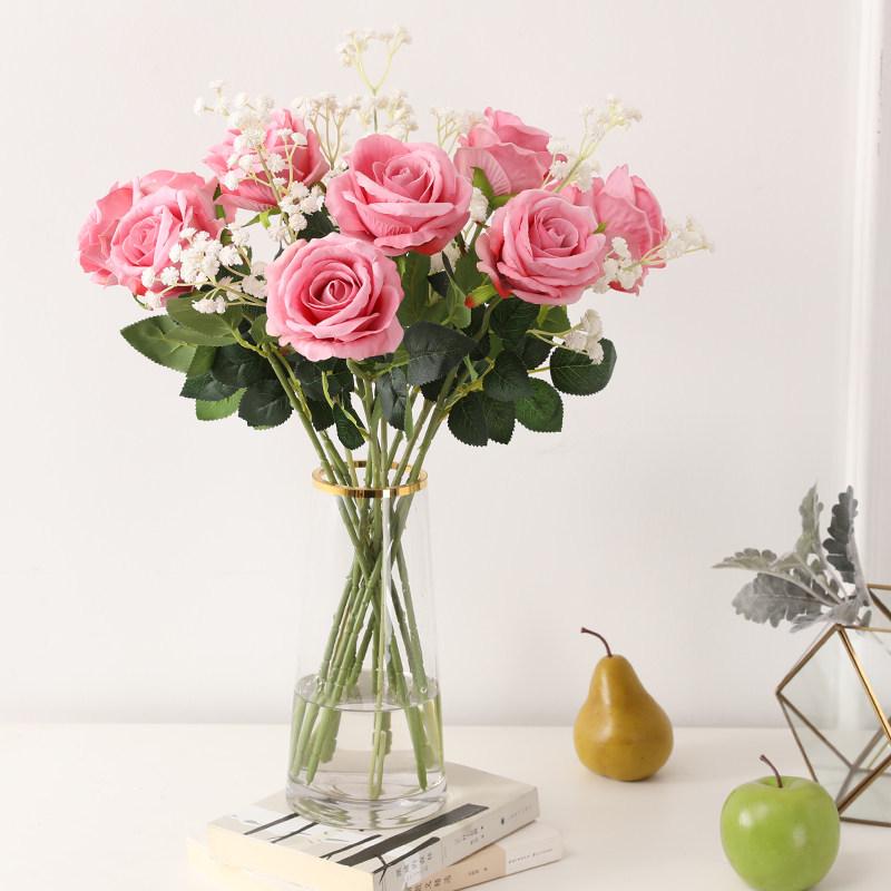 Red Velvet Rose Artificial Flowers - 10 Long Stems for Living Room or TV Cabinet Decor