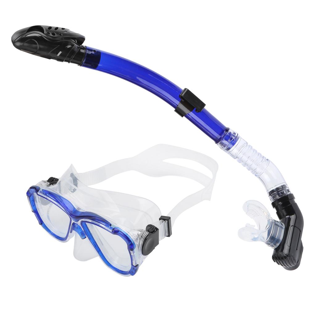 Adults Snorkel Set AntiFog Diving Cover Tempered Glass Goggles with Dry Top Snorkel Tube(Blue )