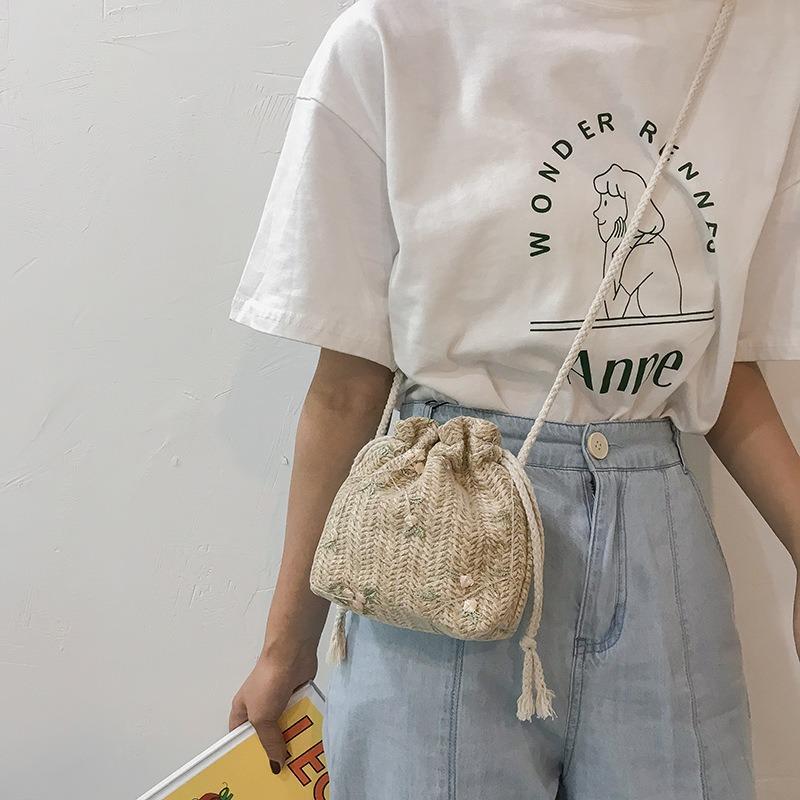 Floral Canvas Bag Bucket Straw Bag Women's Small Fresh Lace Fashion Shoulder Crossbody Bag