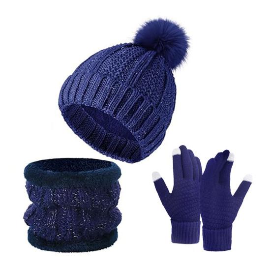 3Pcs/Set Winter Knitted Scarf Gloves Set Pom Pom Ball Fleece Lining Brimless Hat Touchscreen Gloves Neck Warmer Set