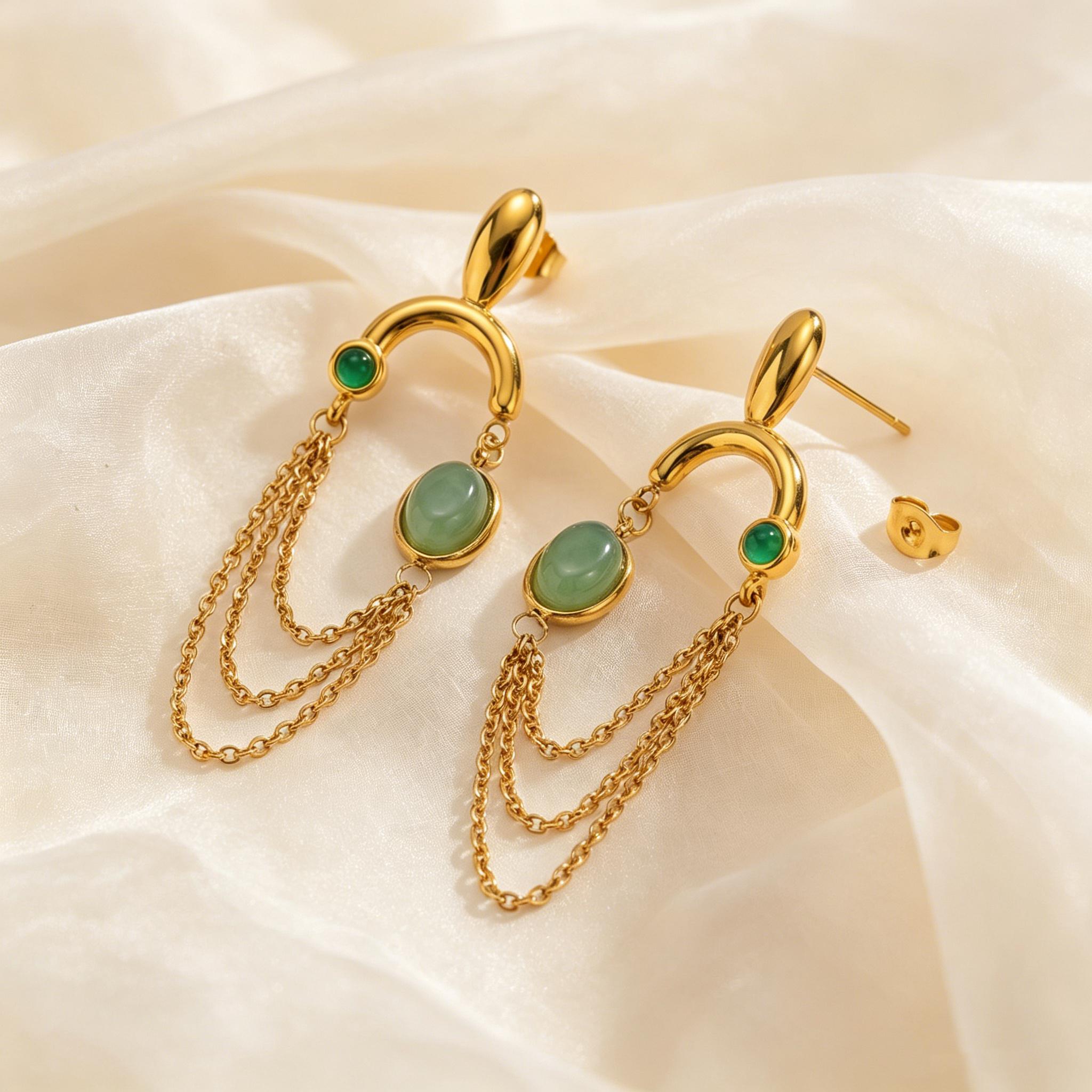 Dainty Green Natural Stone Dangle Earrings for Women Stainless Steel Geometric Tassels Gold Plated Earrings Fashion Fine Jewelry