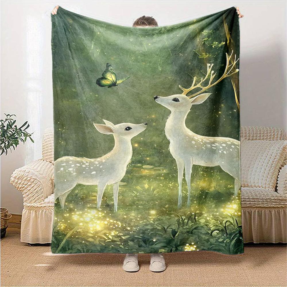 1pc Deer Butterfly Blanket Lightweight Flannel Throw for Sofa Bed Travel Camping Livingroom Office Couch Chair