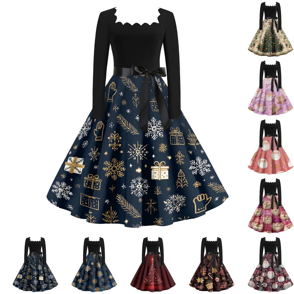 Women's Casual Fashion V Neck Christmas Printed Vintage Dress