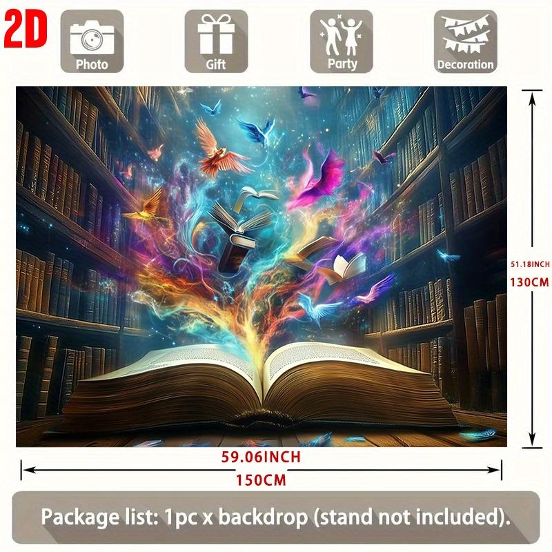 Magic Book Backdrop Banner, Flying Books with Colorful Birds Design, Photo Background for Home Decor Birthday Family Gathering Party