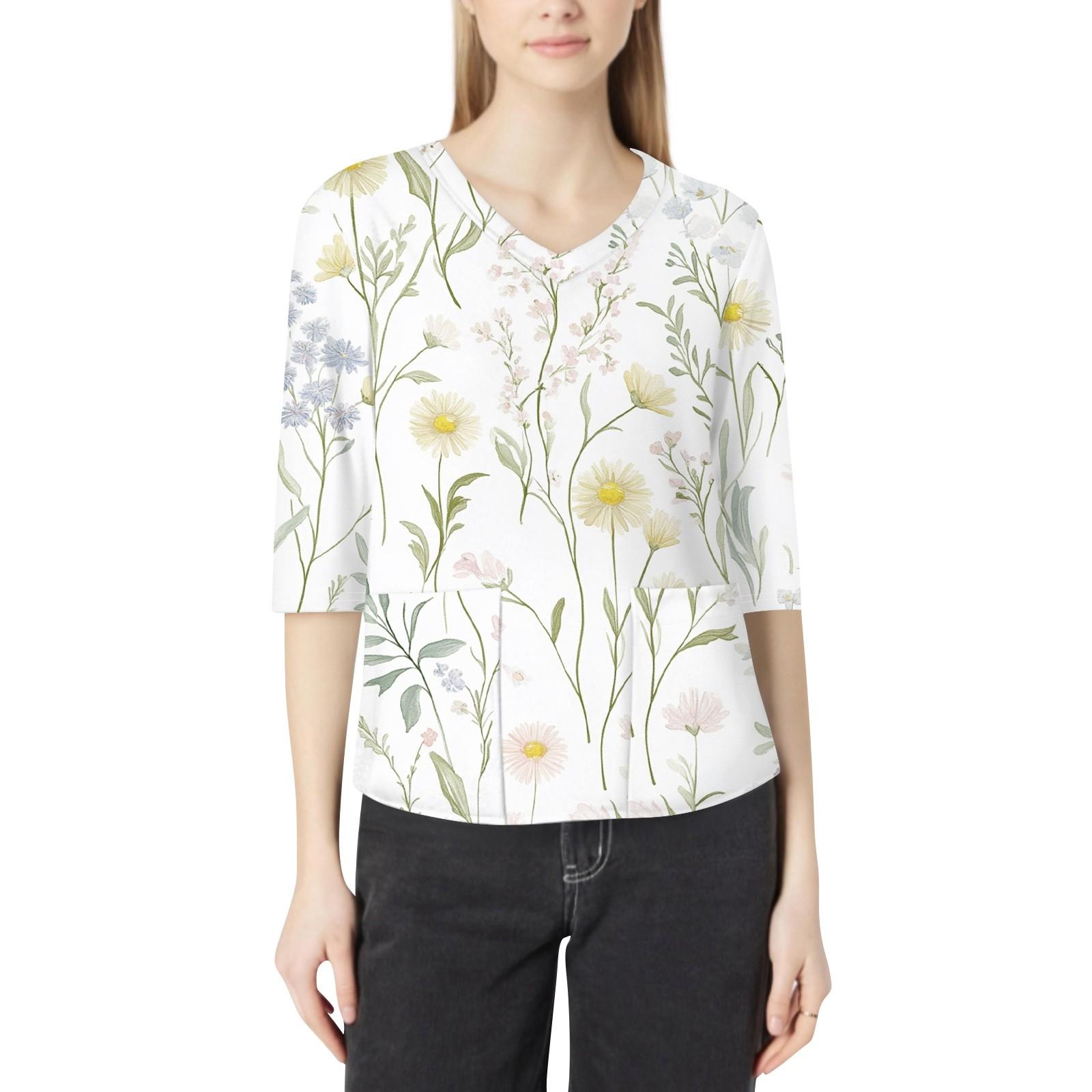 

Модная женская рабочая одежда с v-образным вырезом и рукавами 3/4, свободные топы с карманами и принтом XL белый