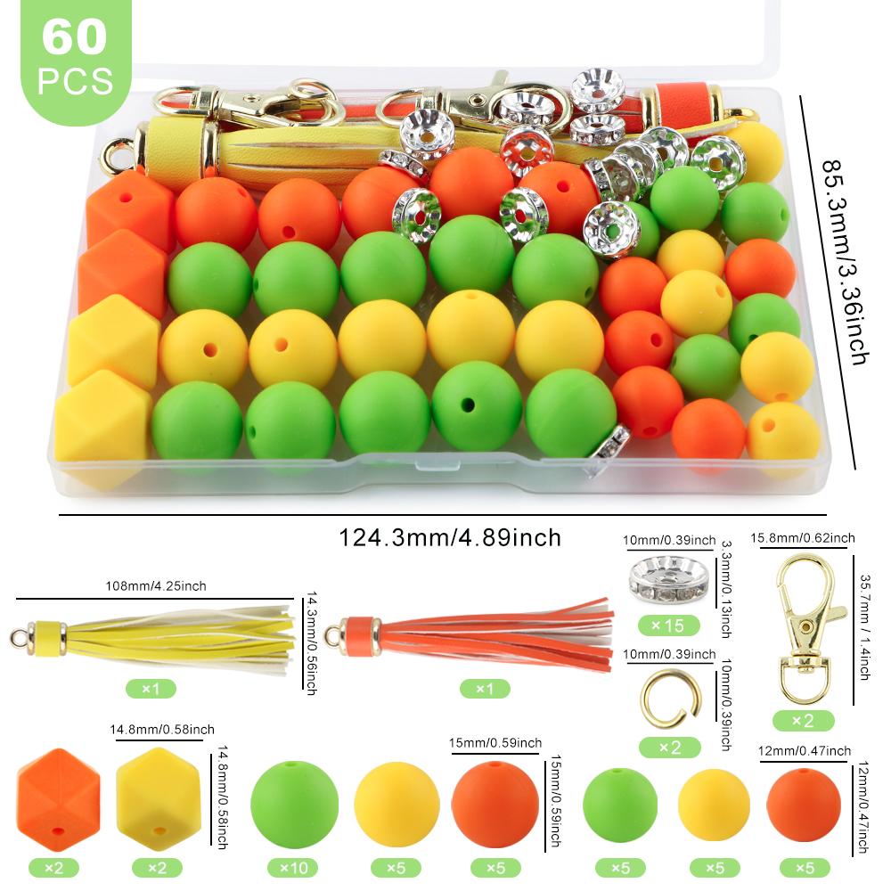 New 60Pcs/Box Leather Keychain Tassels Silicone Bead Round Hexagon Lentil For Jewelry Making DIY Keychain Bracelet Accessories