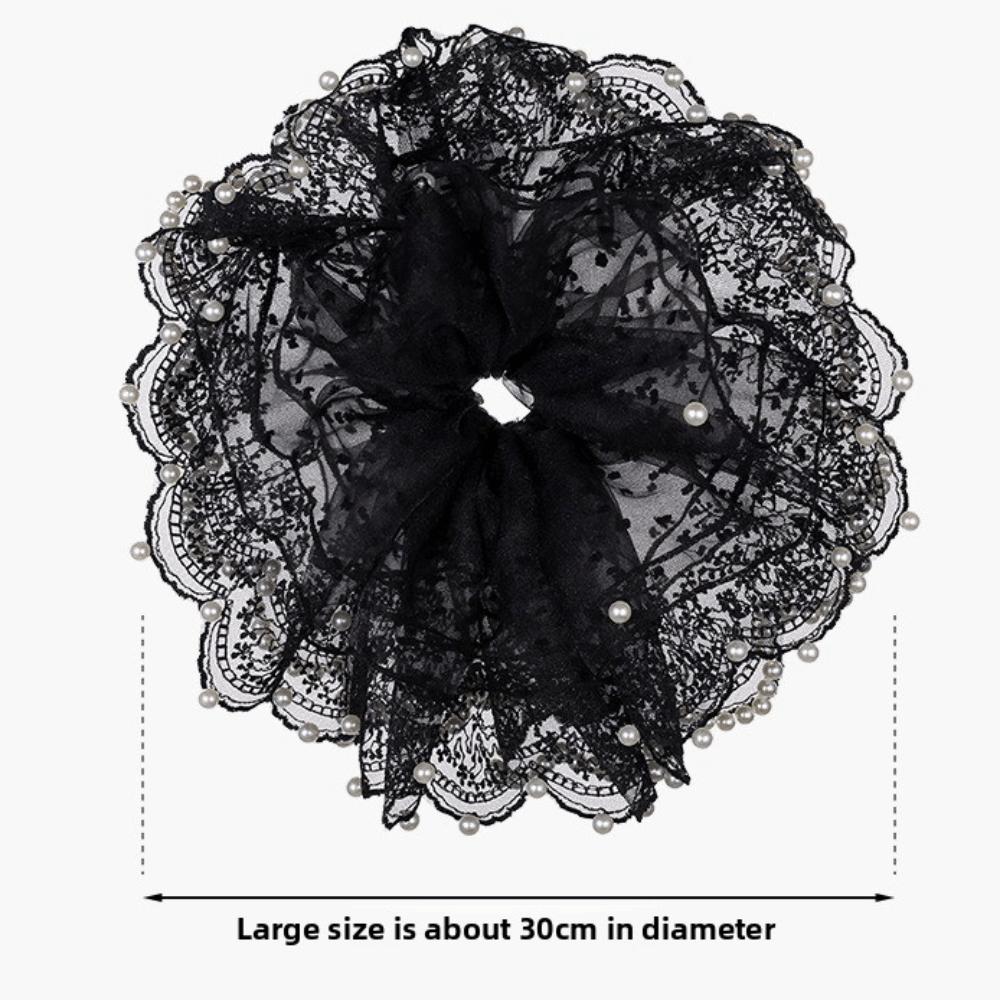 Elastic Pearl Lace Scrunchies Hair Bands Ponytail Holder Oversize Lace Hair Ties for Meatball Head