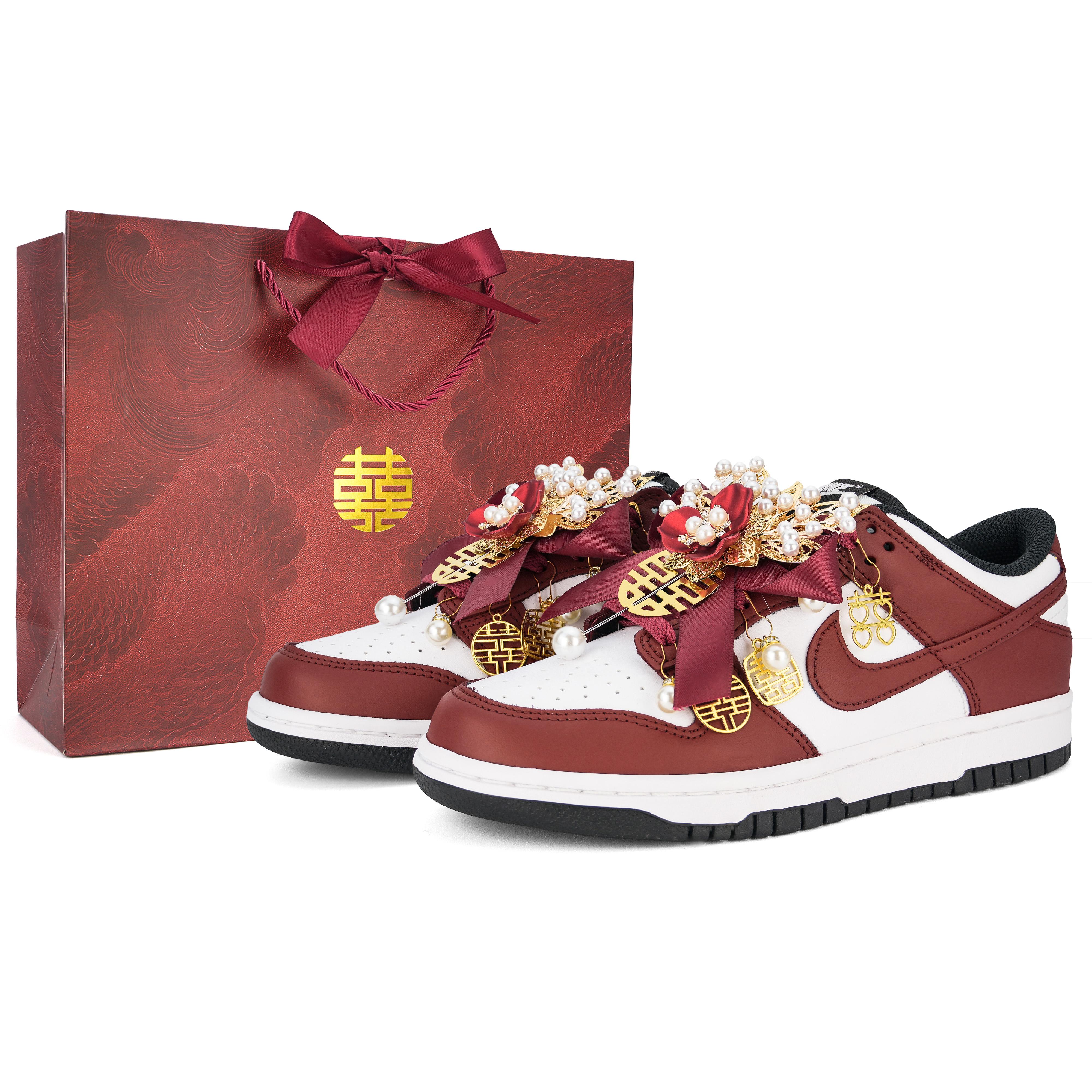 

Nike Dunk Wedding Shoes, Together In Harmony Cushioning Low top Skateboard Shoes Unisex Gold Red CW1590-100(Team1320-SBOX) 38.5