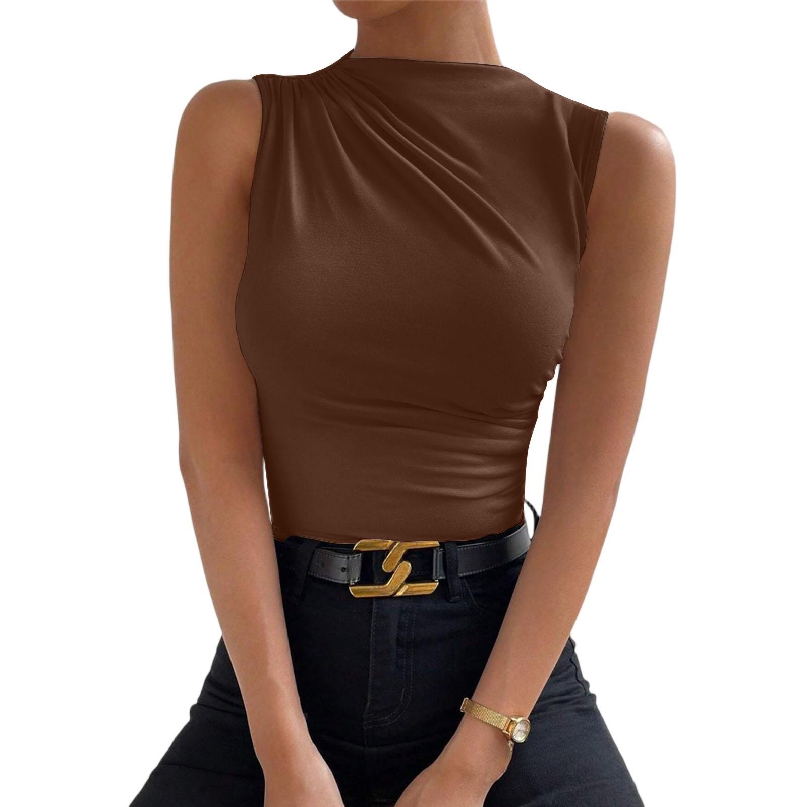 Sleeveless Tops For Women Casual Mock Neck Slim Fitted Ruched Shirts High Neck Summer Shirt Tops S