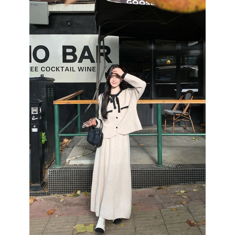 Kumikumi Sweet Style Suit Bows Contrast Color Knitwear Women's Autumn Apricot Drape Skirt Two-piece Set