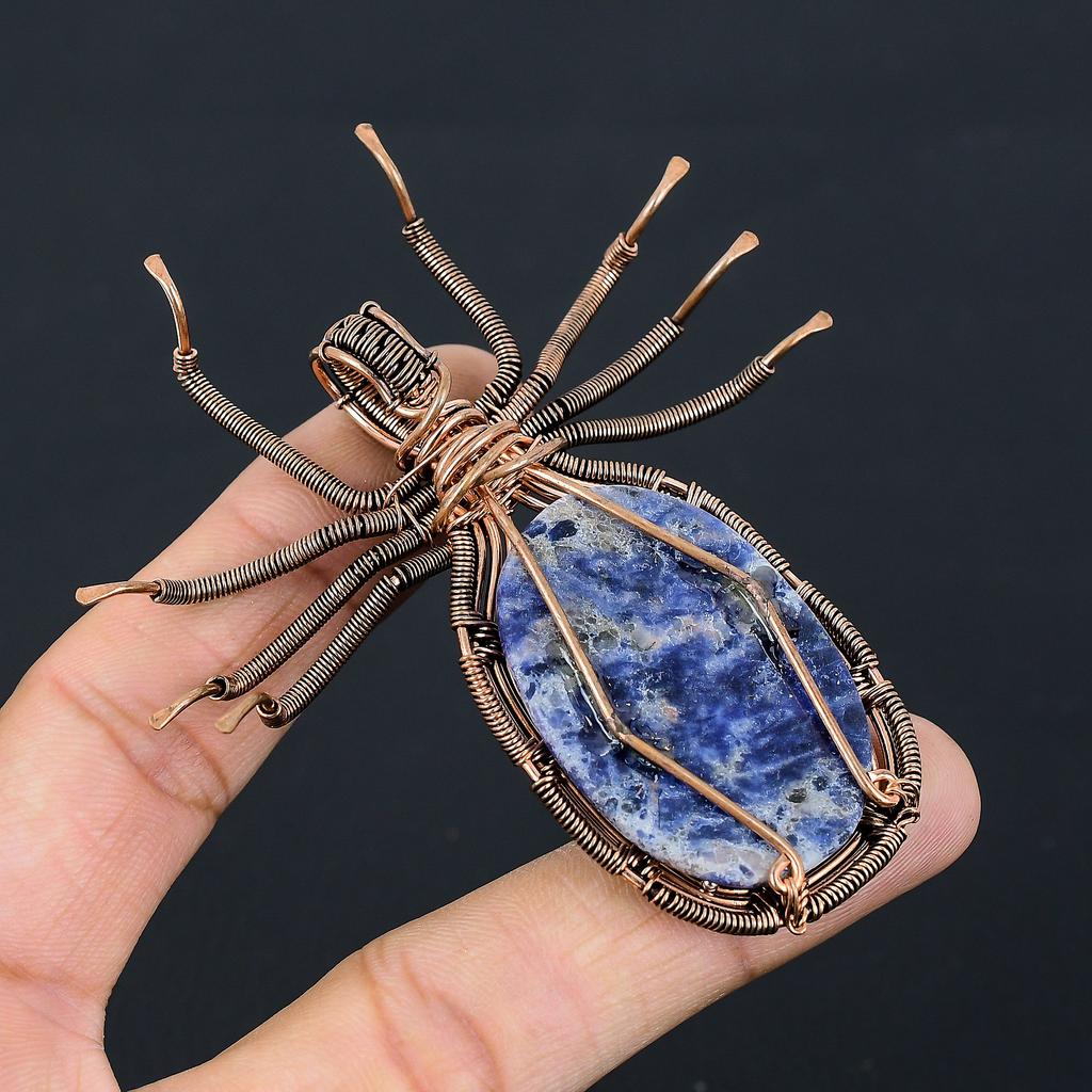 Natural Sodalite Gemstone Handmade Copper Wire Wrap Spider Pendant 2.56" H0t10