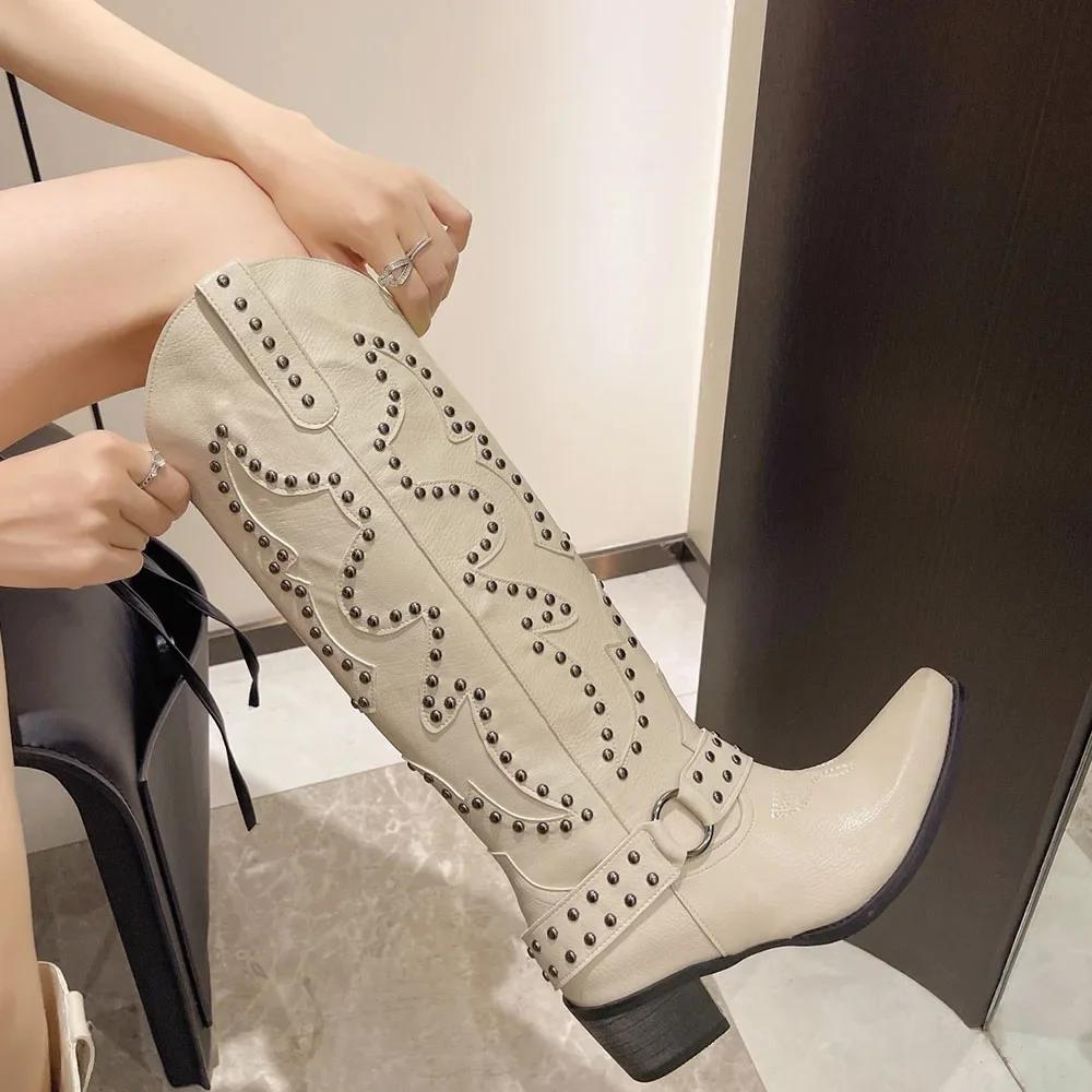 Fashion 2025 Big Size 42 Retro Maillard Style Brown Cowboy Boots Women Punk Rivets Chunky Heels Knee High Western Motorcycle Boots Shoes