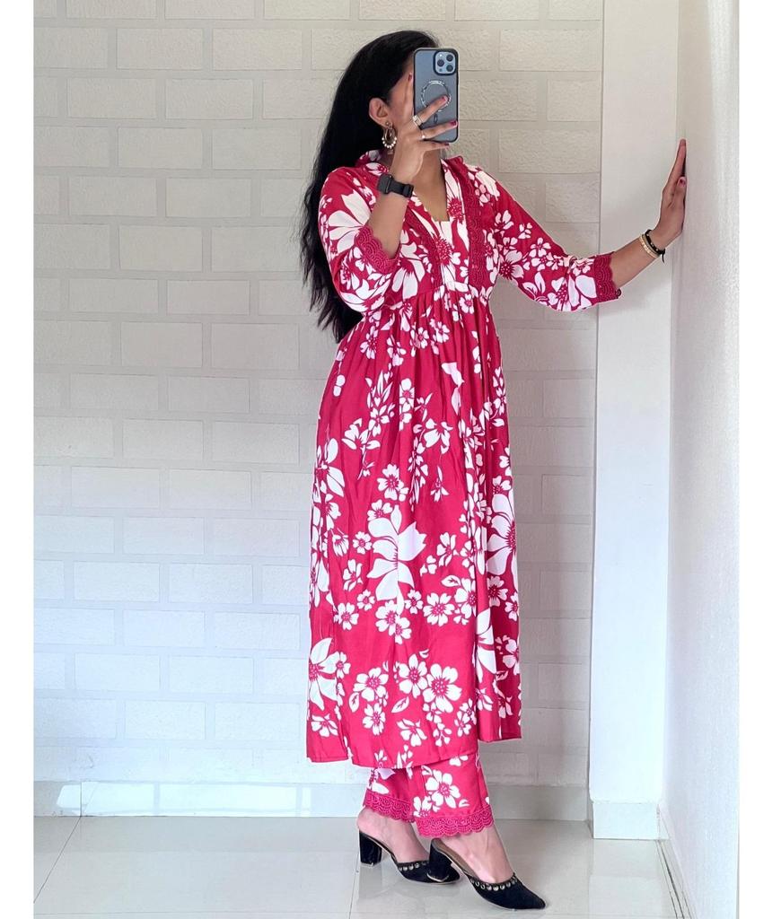 Women Designer Party Wear Rayon Cotton Kurta Pant Set Indian Bollywood Top Tunic Kurti Dress