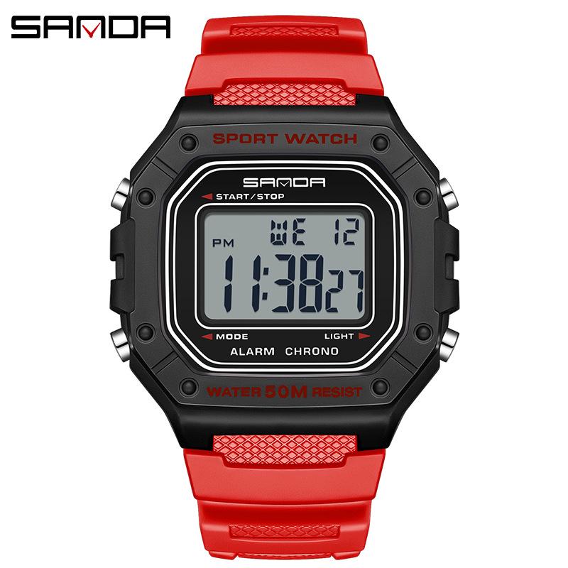 Sanda Teen & Men Multifunctional Waterproof Fashion Square Alarm Clock Watch