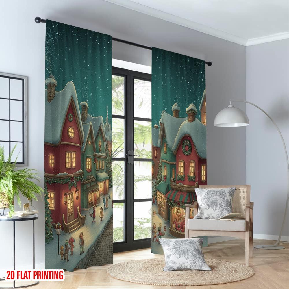 2pcs 2D flat printing Christmas Hot Party Curtains Christmas Village Snow Town Scene Digital Printed Polyester Drapes Birthday